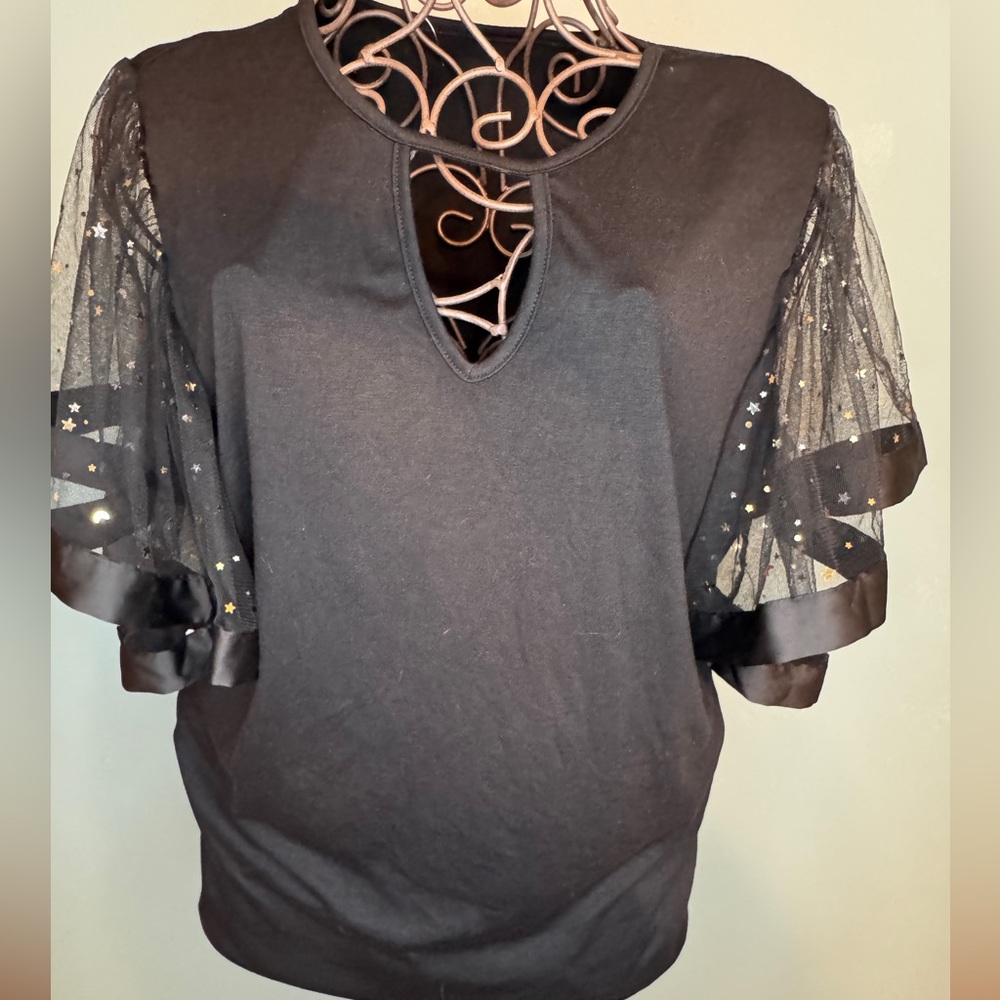 Black Top with Sheer Star Sleeves XL